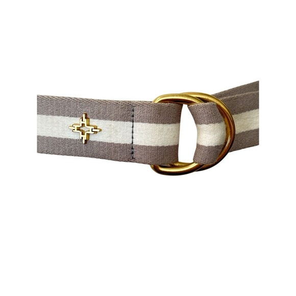 India Hicks Speedy Stripe Belt Taupe Ivory Gold D Ring Italy Quiet Luxury S/M